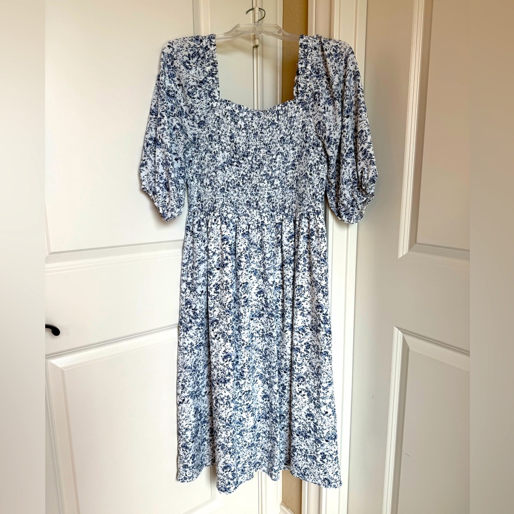 Elleborn blue white floral midi dress puff sleeve smocked spring summer shower